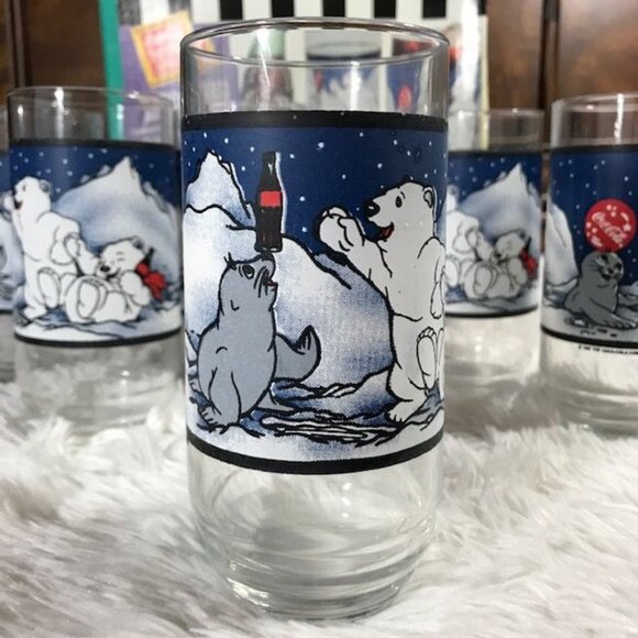 NWOT Set of 6 Vintage Coca-Cola 'Cubs and Seal' Decorated 16oz Glasses Set - Picture 2 of 16